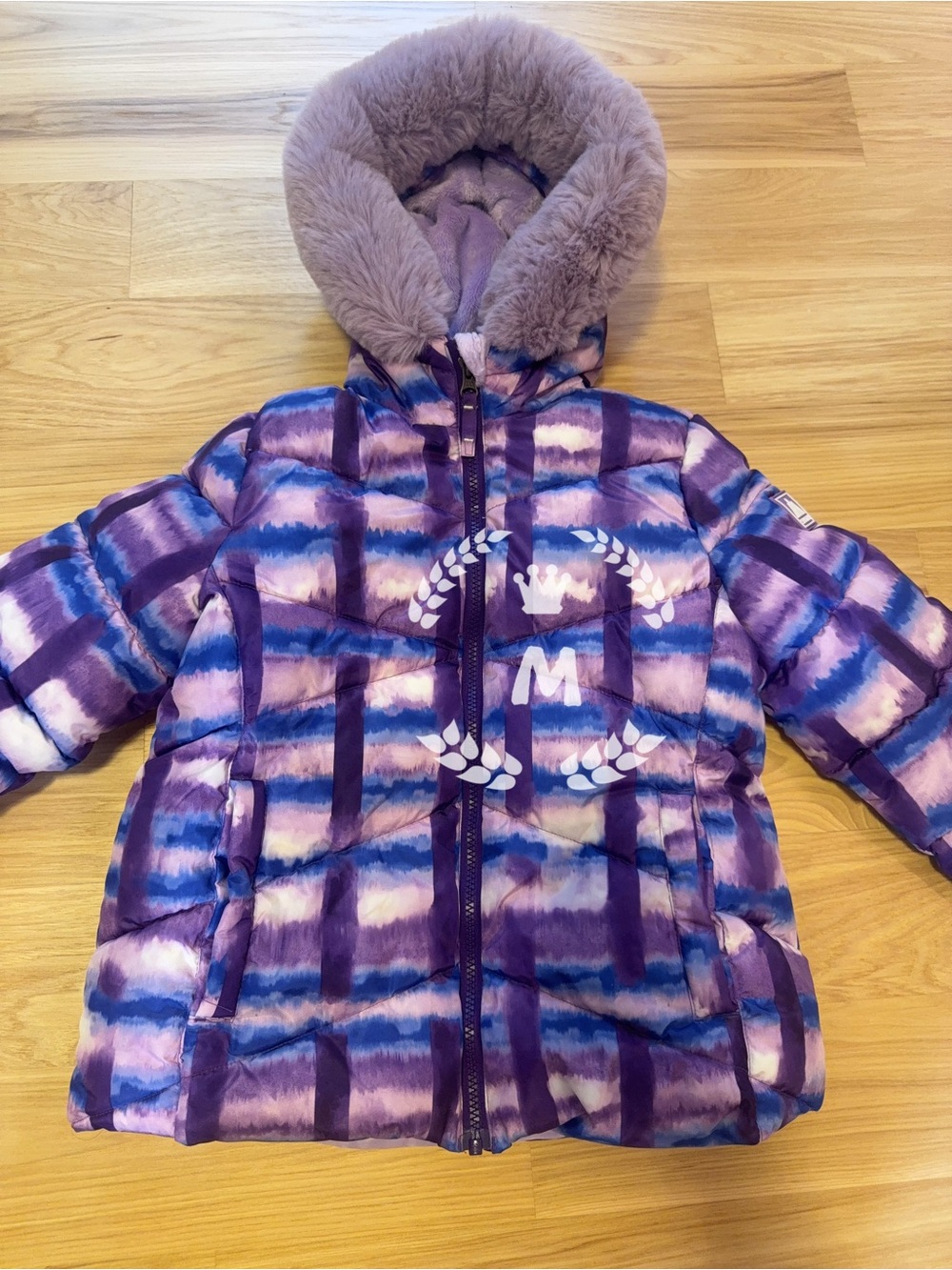 Snozu Girls Purple Tie-Dye Puffer Coat with Faux Fur Hood Jacket Size: 6